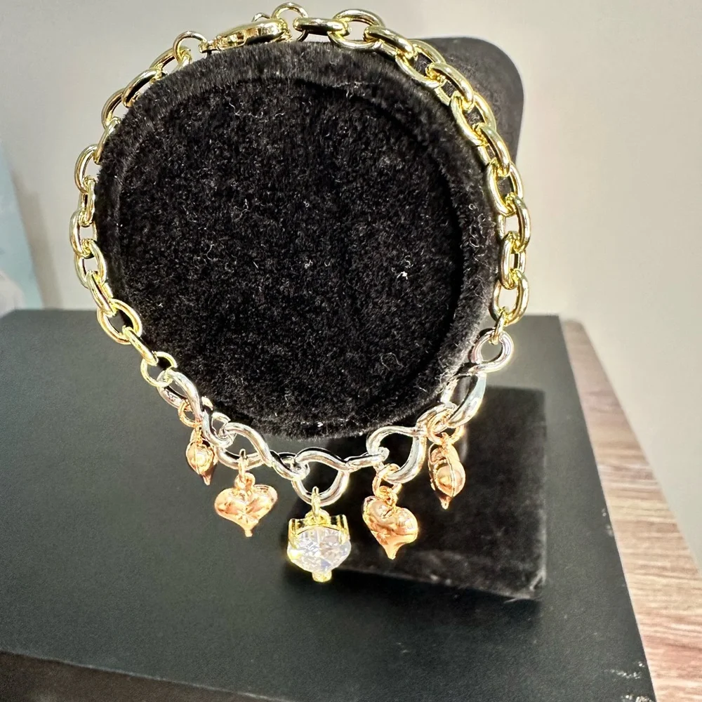 White Yellow & Rose Gold Crystal Heart Charm Bracelet